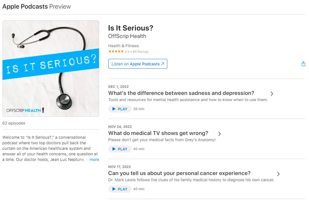 screen grab of the is it serious podcast main page